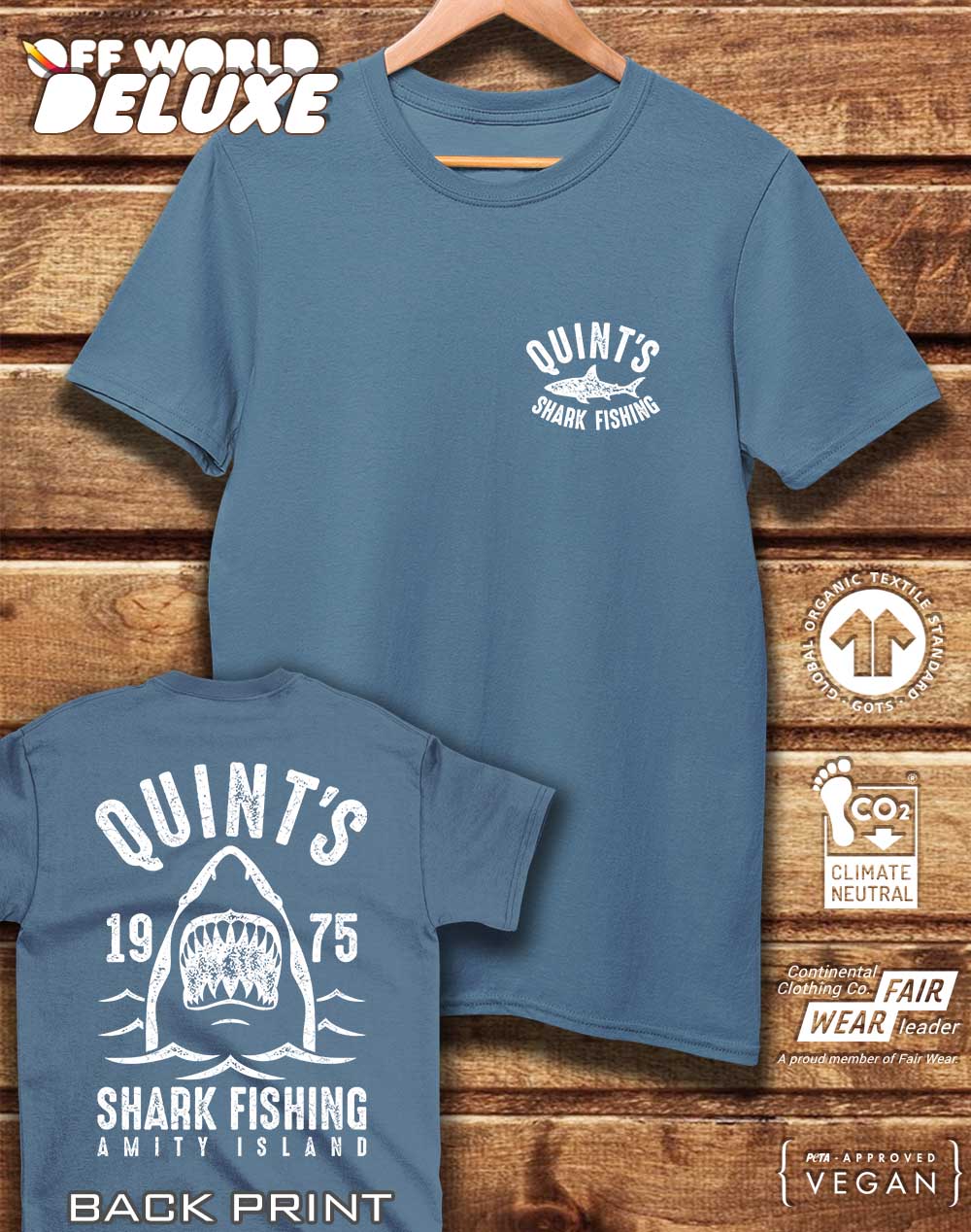 DELUXE Quint's Shark Fishing with Back Print Organic Cotton T-Shirt | Off  World Tees
