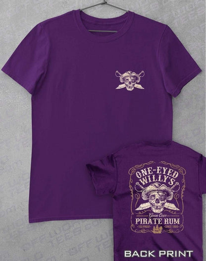 One-Eyed Willy's Pirate Rum with Back Print T-Shirt S / Purple  - Off World Tees