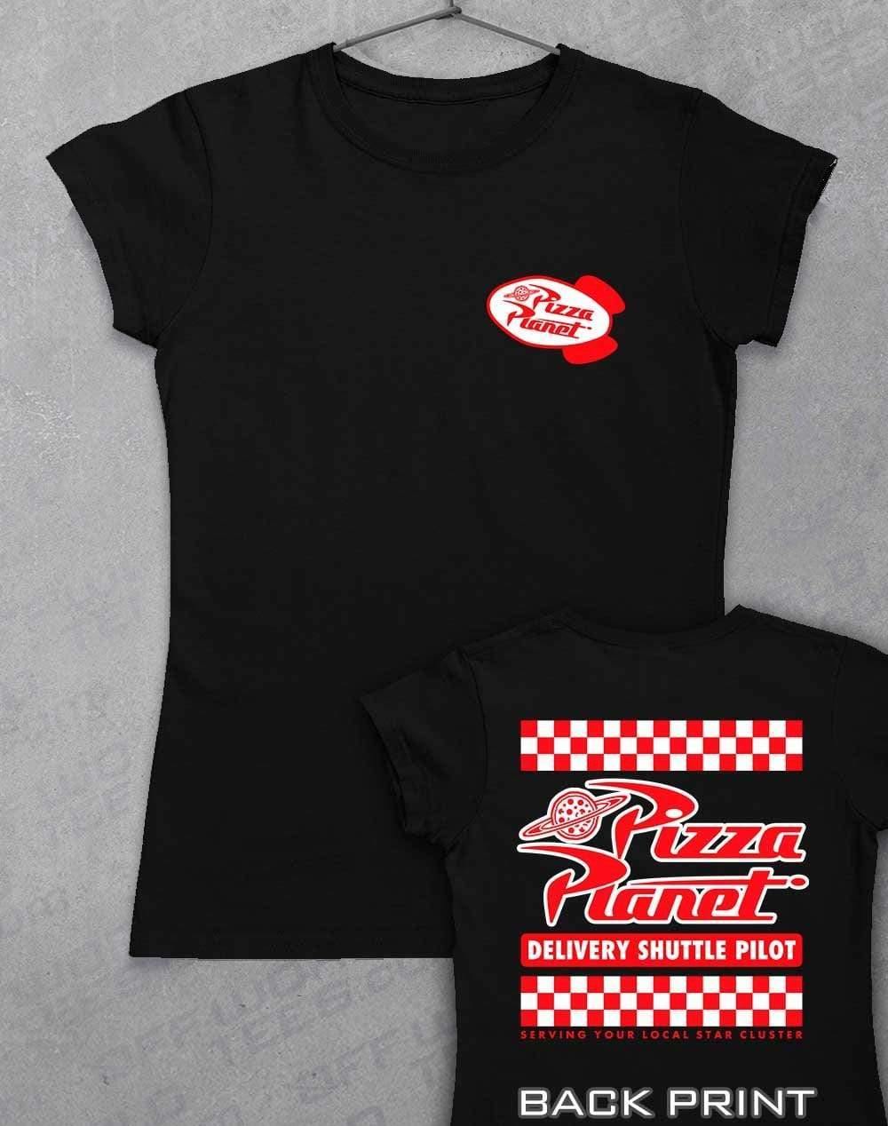 Pizza Planet Shuttle Pilot with Back Print Womens T-Shirt 8-10 / Black - Off World Tees