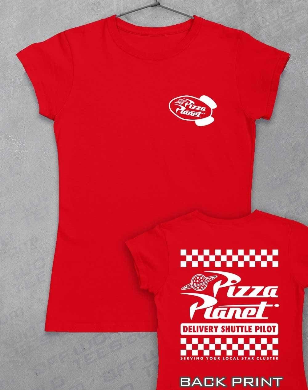 Pizza Planet Shuttle Pilot with Back Print Womens T-Shirt 8-10 / Red - Off World Tees