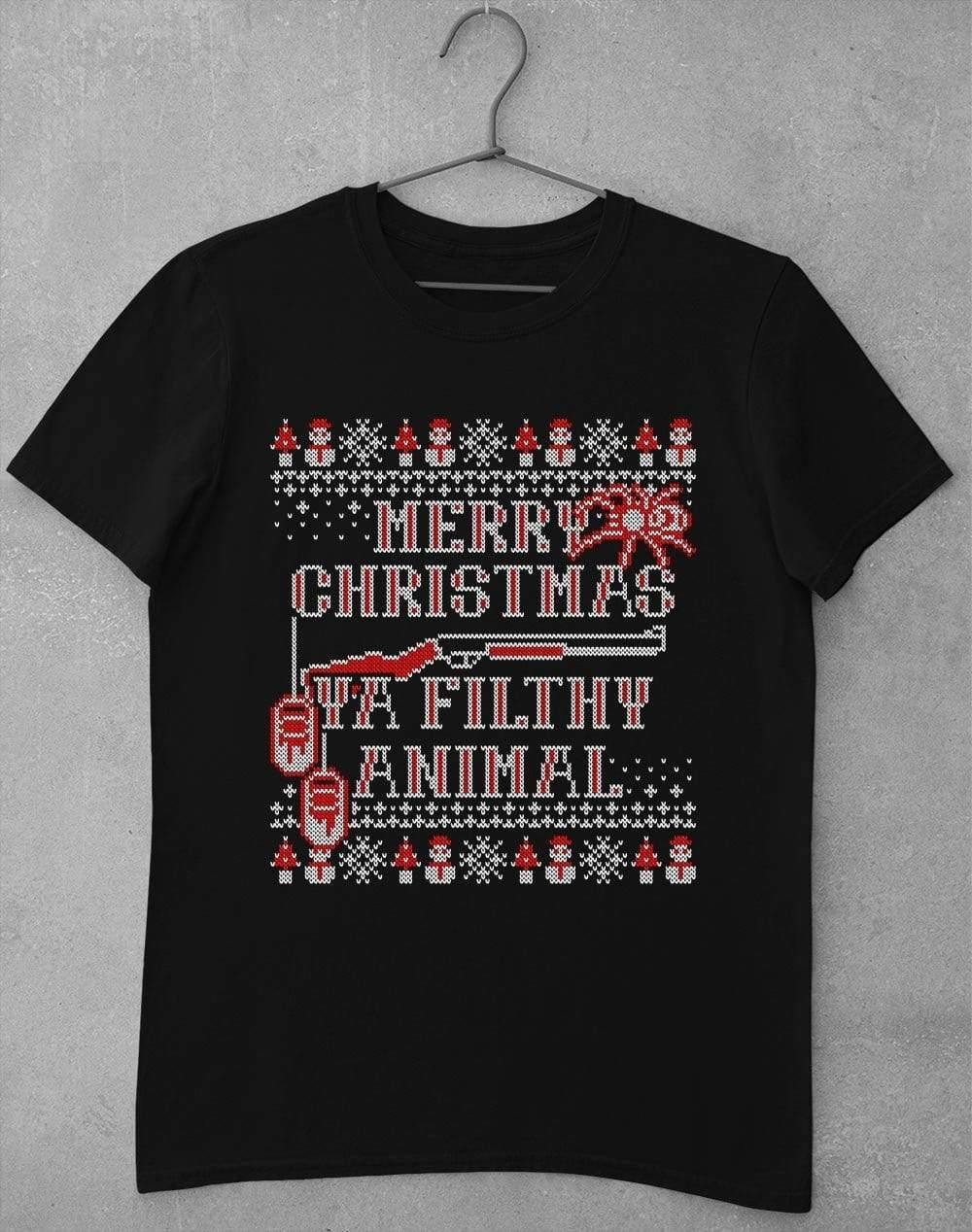 Merry Christmas Ya Filthy Animal Festive Knitted-Look T-Shirt S / Black - Off World Tees