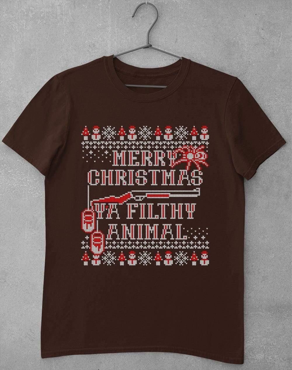 Merry Christmas Ya Filthy Animal Festive Knitted-Look T-Shirt S / Dark Chocolate - Off World Tees