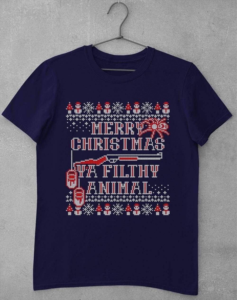 Merry Christmas Ya Filthy Animal Festive Knitted-Look T-Shirt S / Navy - Off World Tees
