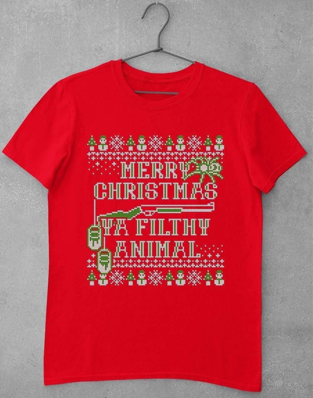Merry Christmas Ya Filthy Animal Festive Knitted-Look T-Shirt S / Red - Off World Tees