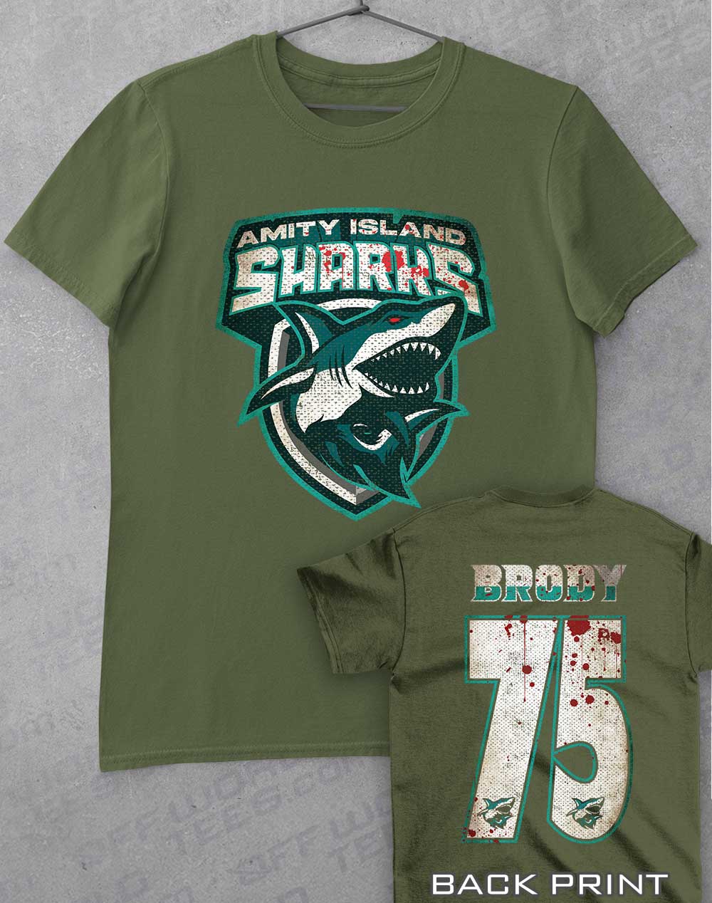 Military Green - Amity Island Sharks T-Shirt