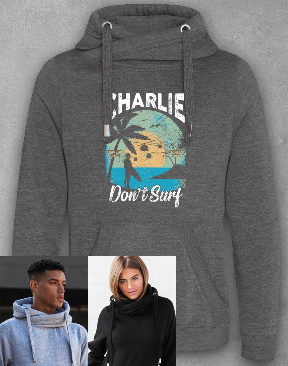 Charcoal - Charlie Don't Surf Chunky Cross Neck Hoodie