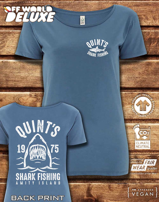 DELUXE Quint's Shark Fishing with Back Print Organic Scoop Neck T-Shirt