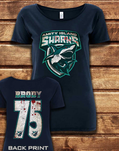 Navy - DELUXE Amity Island Sharks Organic Scoop Neck T-Shirt
