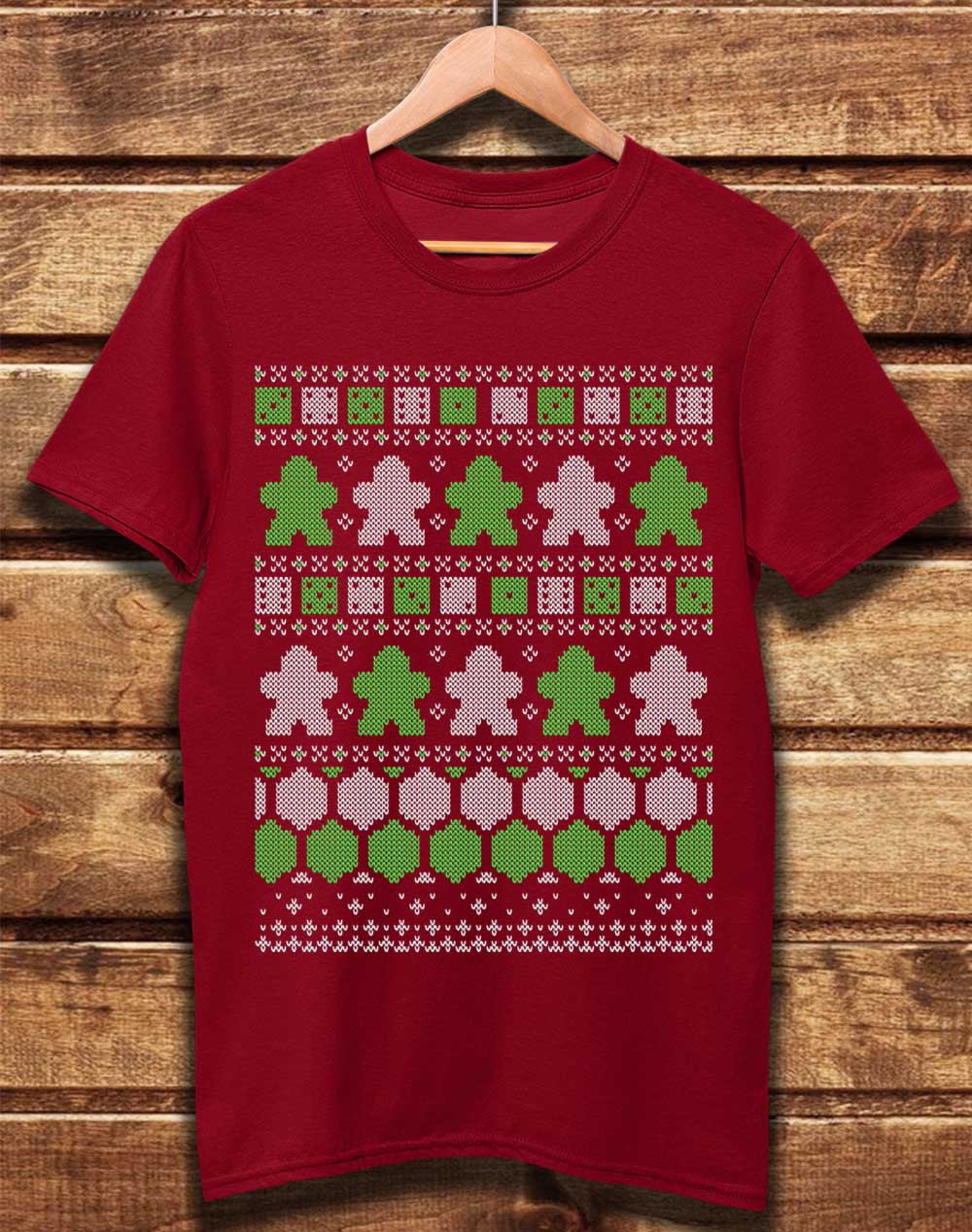 Burgundy - DELUXE Board Game Pieces Christmas Knit-Look Organic Cotton T-Shirt