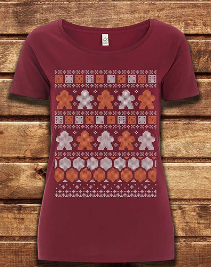 Burgundy - DELUXE Board Game Pieces Christmas Knit-Look Organic Scoop Neck T-Shirt