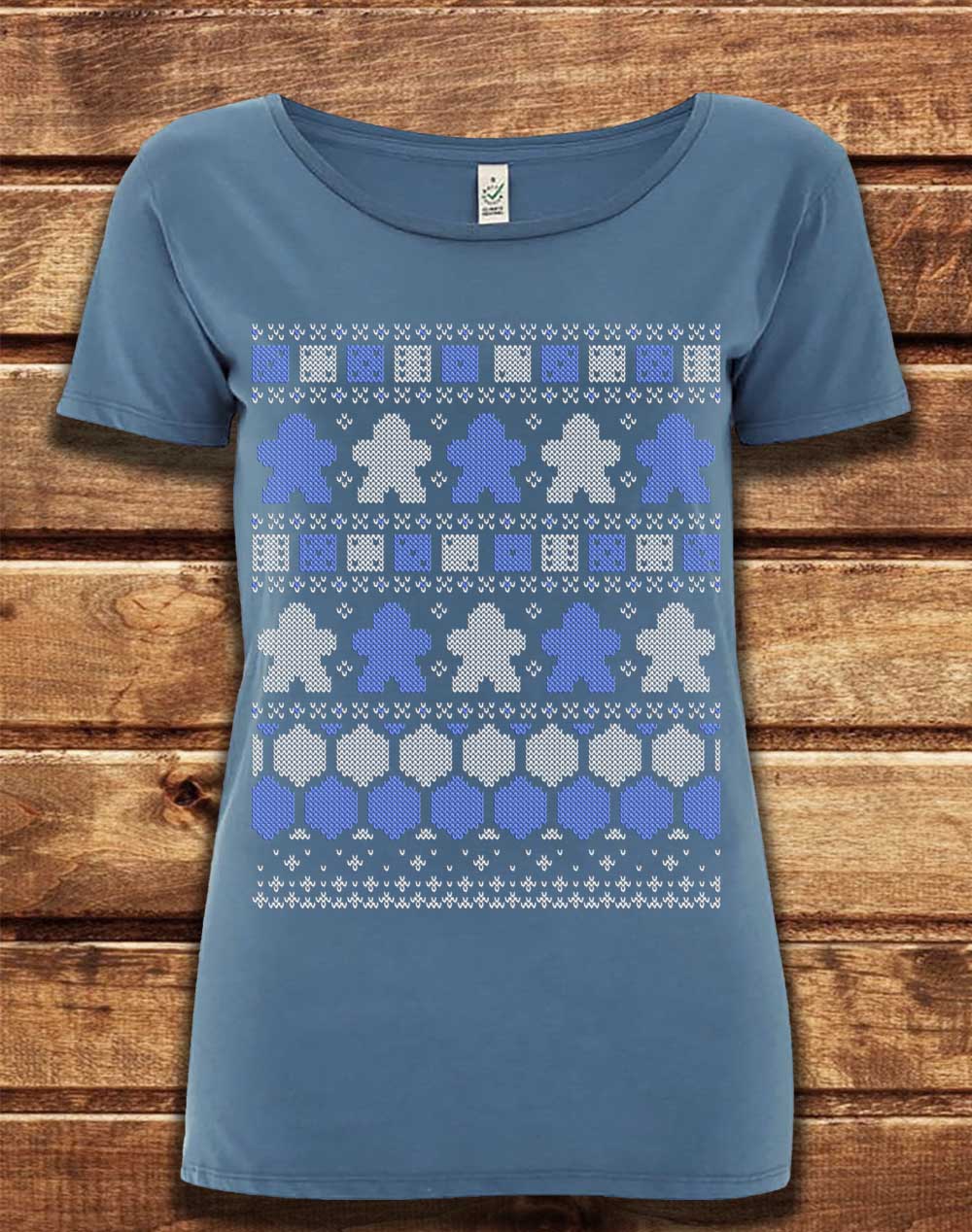 Faded Denim - DELUXE Board Game Pieces Christmas Knit-Look Organic Scoop Neck T-Shirt