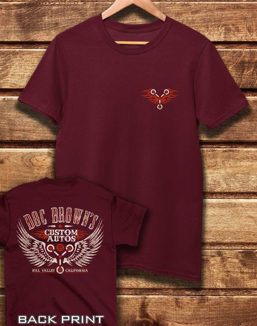 Burgundy - DELUXE Doc Brown's Autos with Back Print Organic Cotton T-Shirt