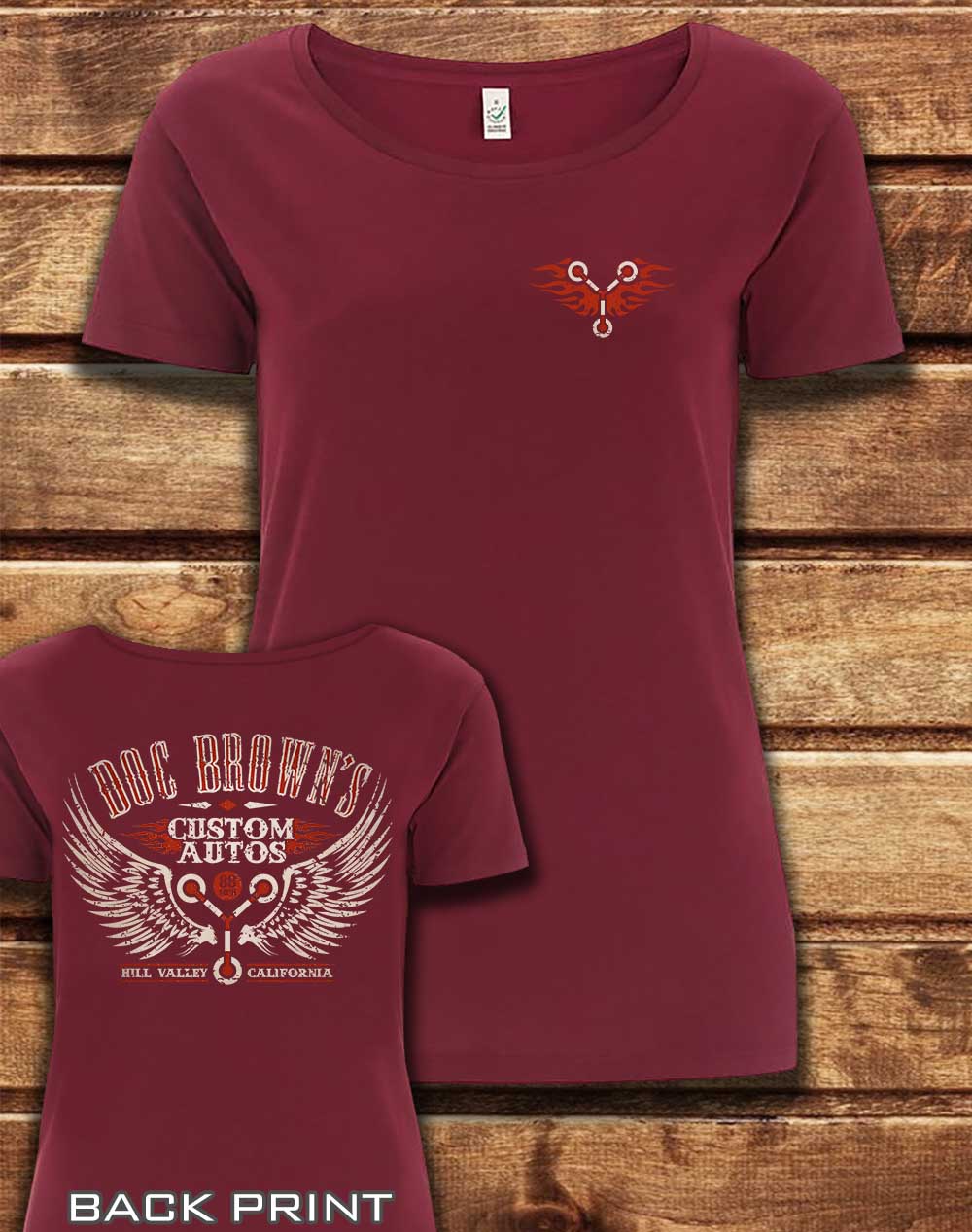 Burgundy - DELUXE Doc Brown's Autos with Back Print Organic Scoop Neck T-Shirt