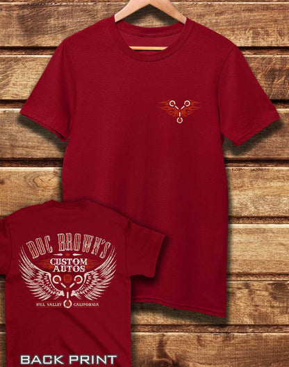 Dark Red - DELUXE Doc Brown's Autos with Back Print Organic Cotton T-Shirt