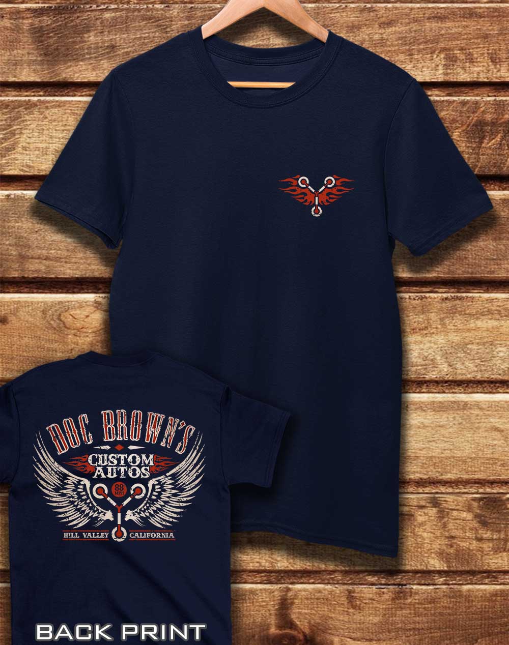 Navy - DELUXE Doc Brown's Autos with Back Print Organic Cotton T-Shirt