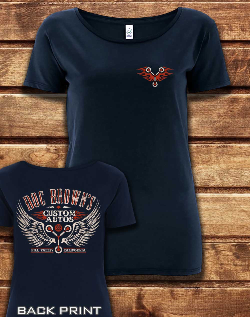 Navy - DELUXE Doc Brown's Autos with Back Print Organic Scoop Neck T-Shirt