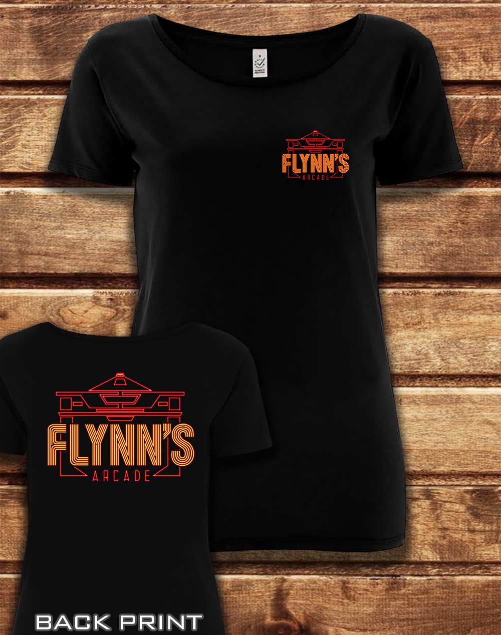 Black - DELUXE Flynn's Arcade with Back Print Organic Scoop Neck T-Shirt