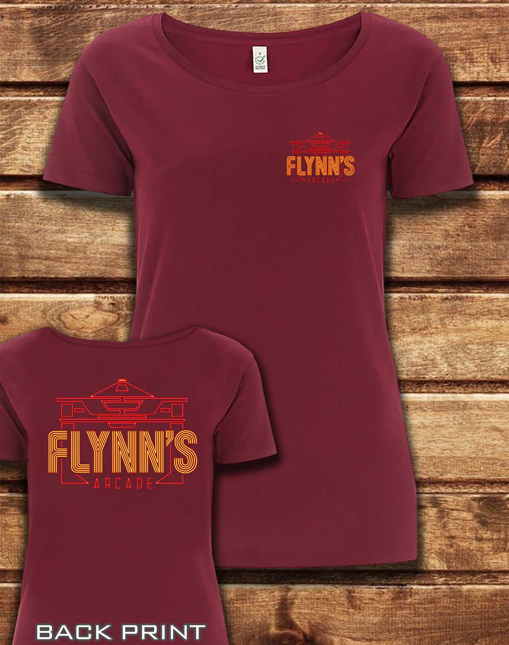 Burgundy - DELUXE Flynn's Arcade with Back Print Organic Scoop Neck T-Shirt