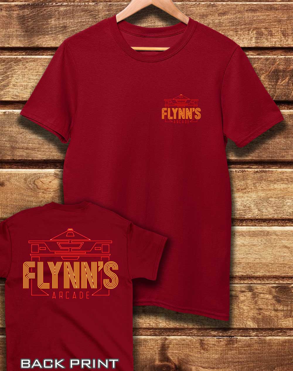 Dark Red - DELUXE Flynn's Arcade with Back Print Organic Cotton T-Shirt