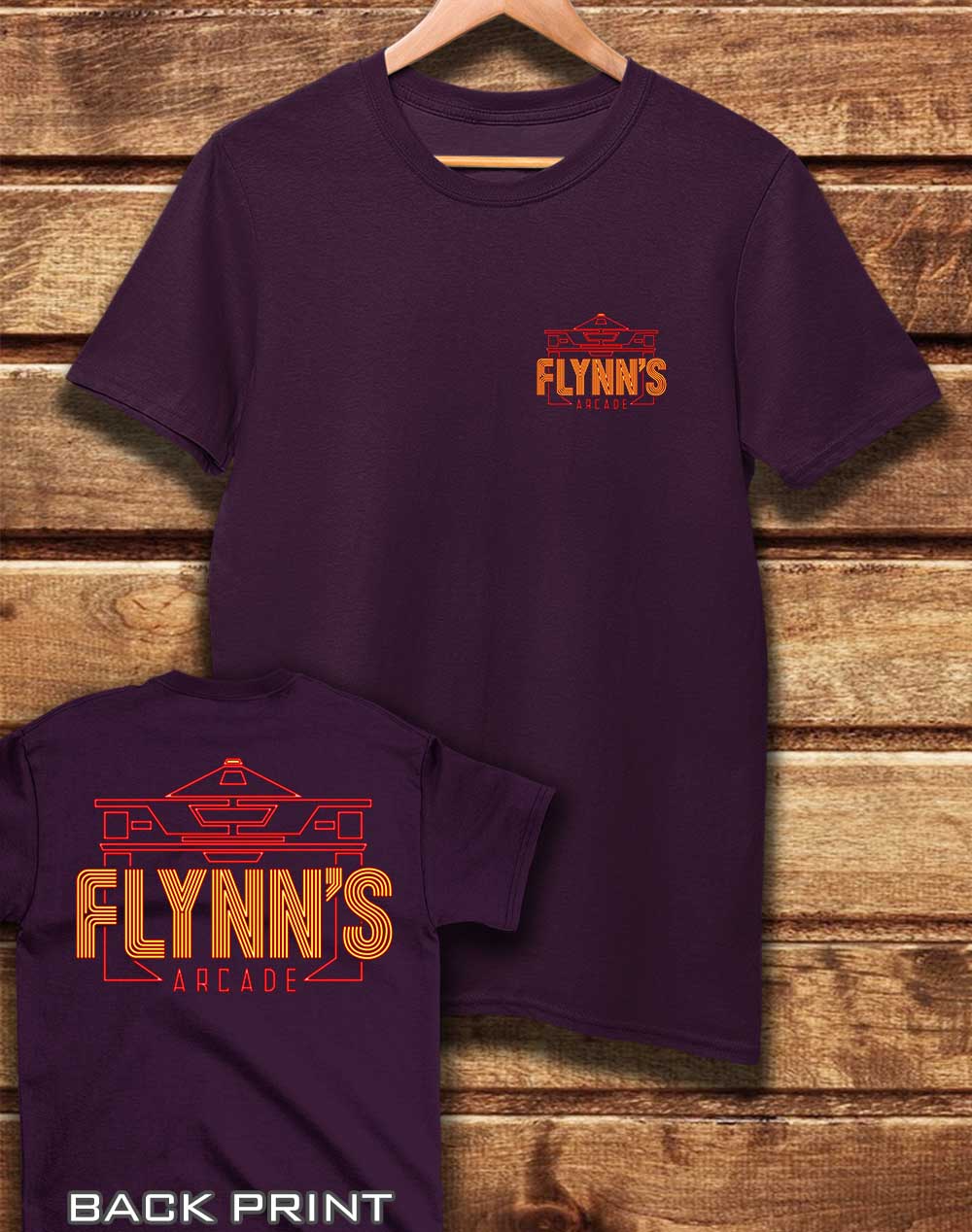Eggplant - DELUXE Flynn's Arcade with Back Print Organic Cotton T-Shirt