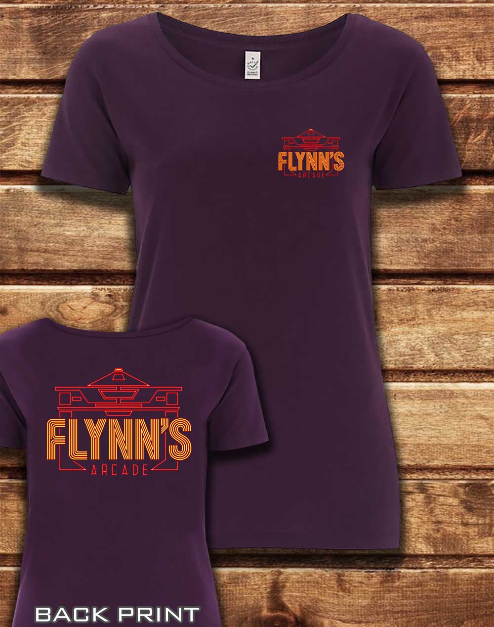 Eggplant - DELUXE Flynn's Arcade with Back Print Organic Scoop Neck T-Shirt