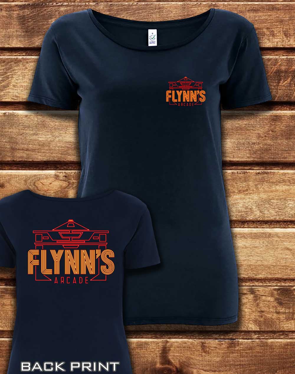 Navy - DELUXE Flynn's Arcade with Back Print Organic Scoop Neck T-Shirt