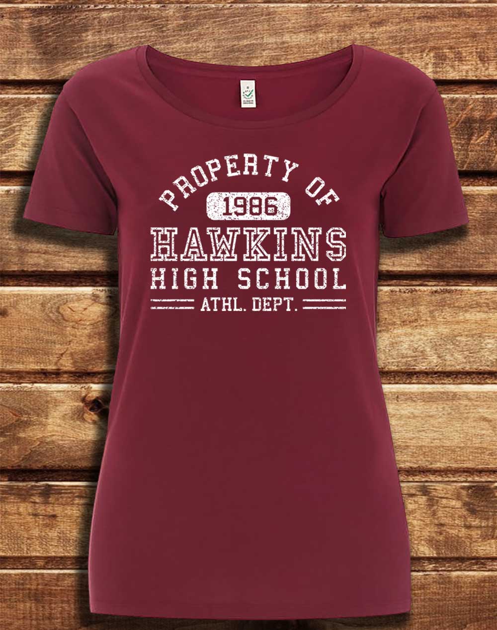 Burgundy - DELUXE Hawkins High School Athletics 1986 Organic Scoop Neck T-Shirt