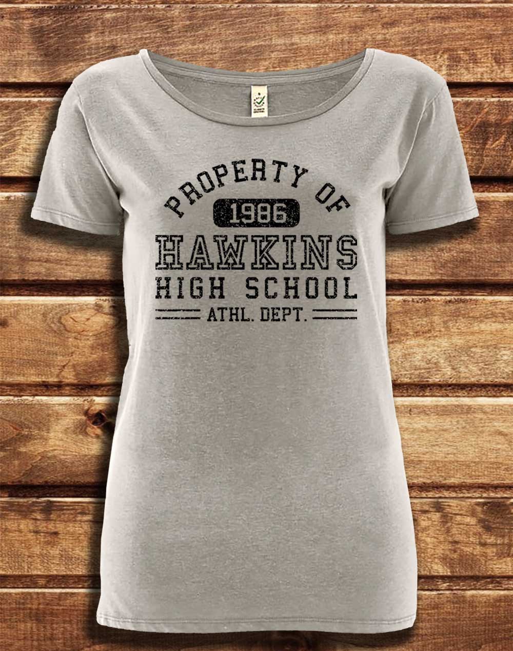 Melange Grey - DELUXE Hawkins High School Athletics 1986 Organic Scoop Neck T-Shirt