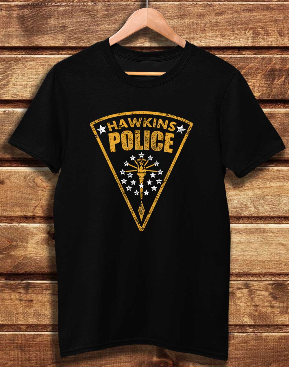Black - DELUXE Hawkins Police Shield Logo Organic Cotton T-Shirt