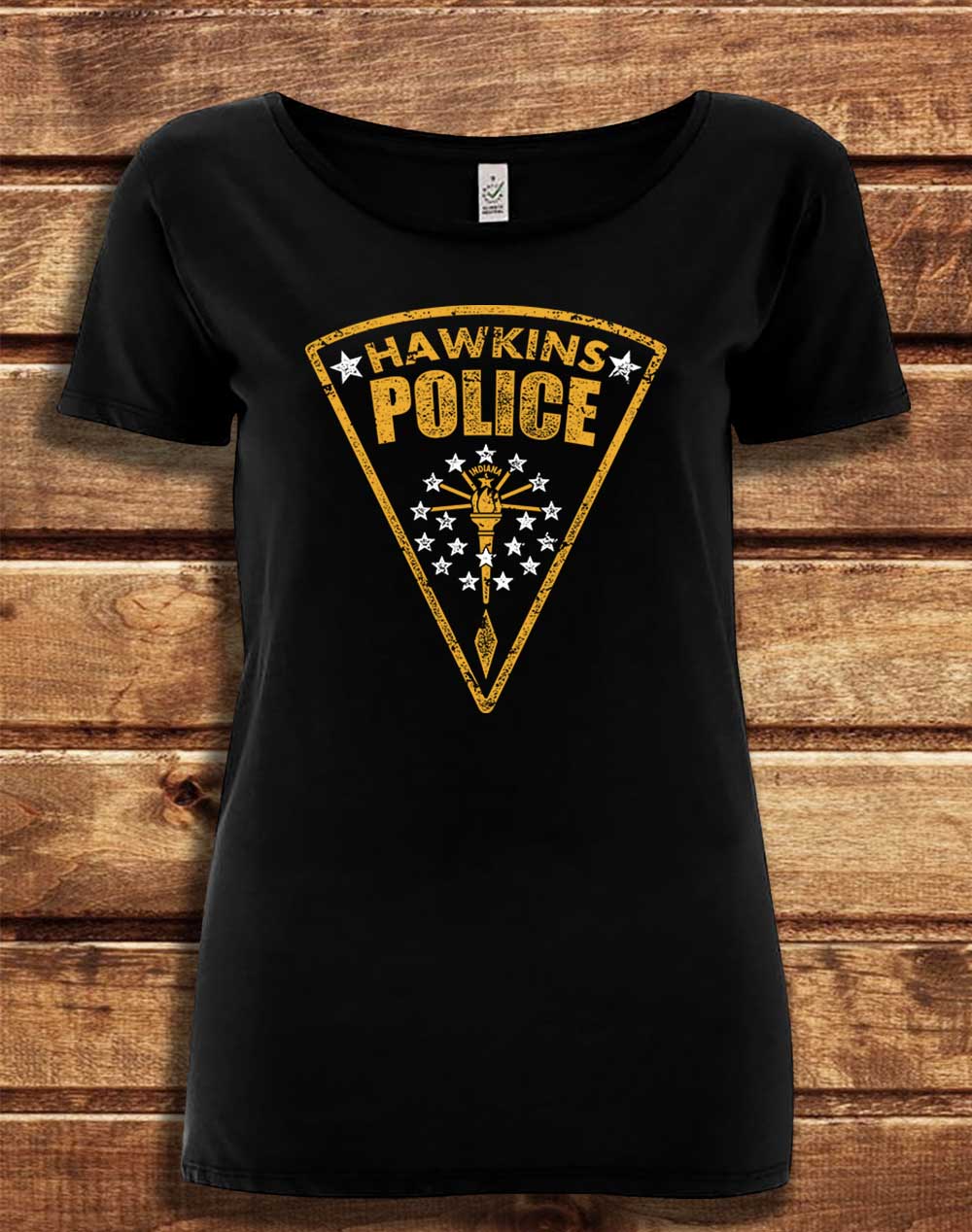 Black - DELUXE Hawkins Police Shield Logo Organic Scoop Neck T-Shirt