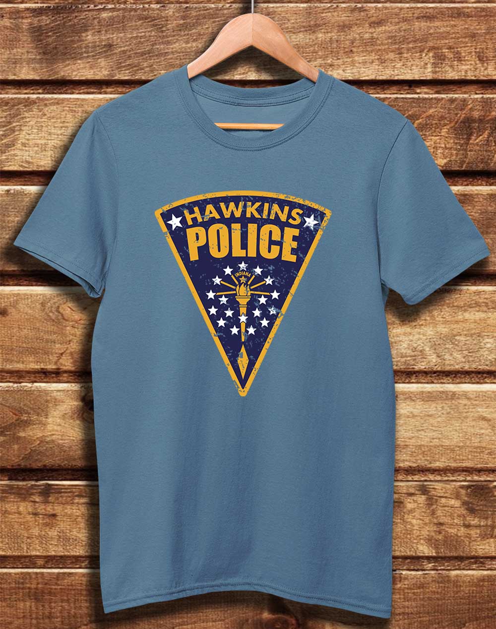 Faded Denim - DELUXE Hawkins Police Shield Logo Organic Cotton T-Shirt