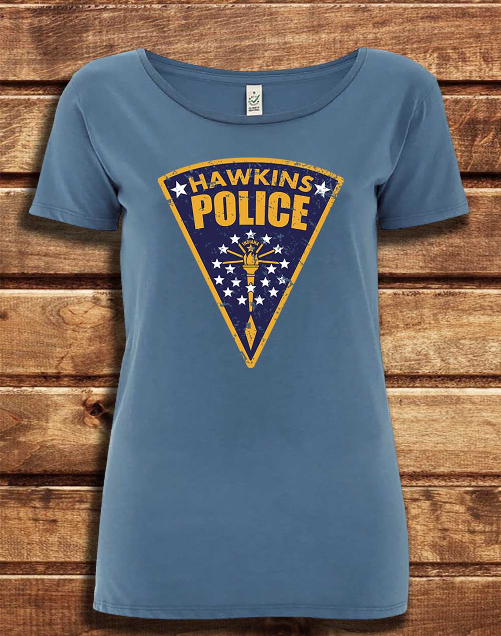 Faded Denim - DELUXE Hawkins Police Shield Logo Organic Scoop Neck T-Shirt