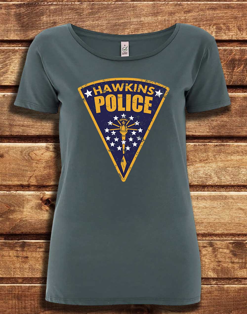 Light Charcoal - DELUXE Hawkins Police Shield Logo Organic Scoop Neck T-Shirt