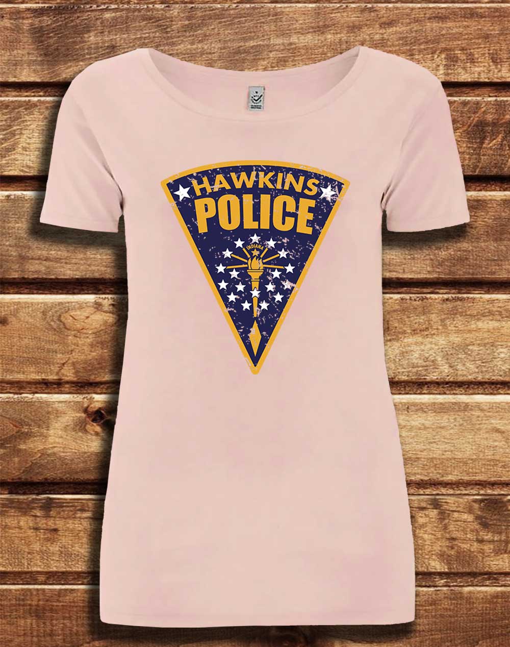 Light Pink - DELUXE Hawkins Police Shield Logo Organic Scoop Neck T-Shirt