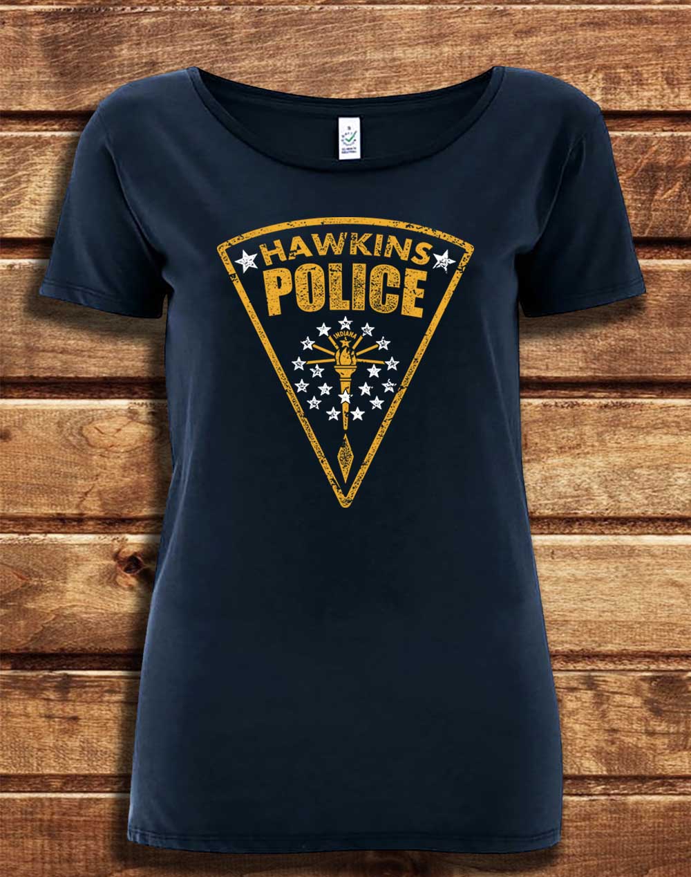 Navy - DELUXE Hawkins Police Shield Logo Organic Scoop Neck T-Shirt