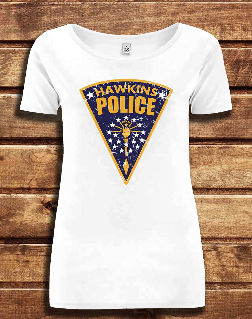 White - DELUXE Hawkins Police Shield Logo Organic Scoop Neck T-Shirt