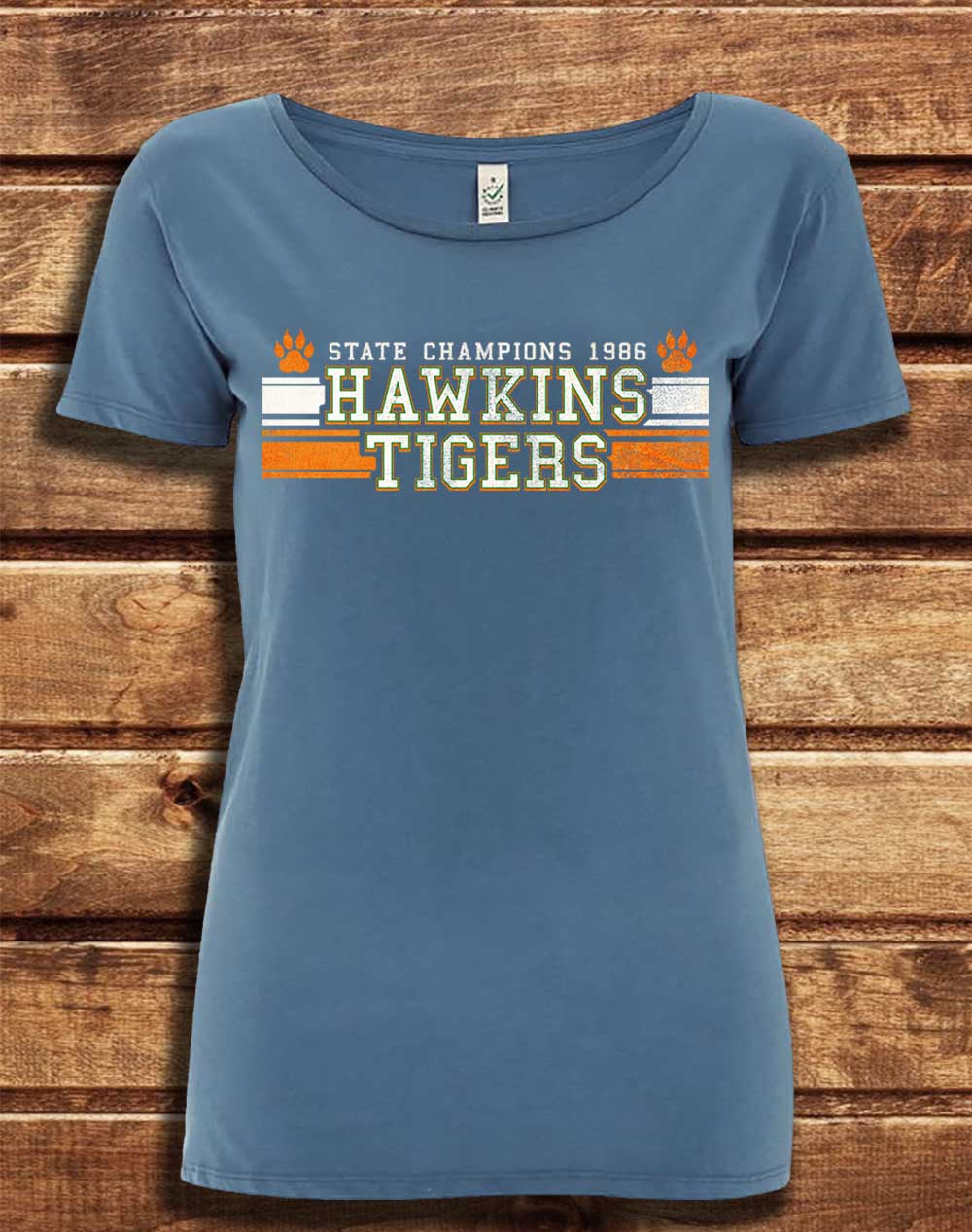 Faded Denim - DELUXE Hawkins Tigers State Champs 1986 Organic Scoop Neck T-Shirt
