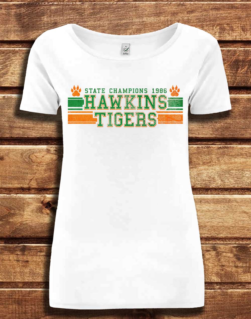 White - DELUXE Hawkins Tigers State Champs 1986 Organic Scoop Neck T-Shirt