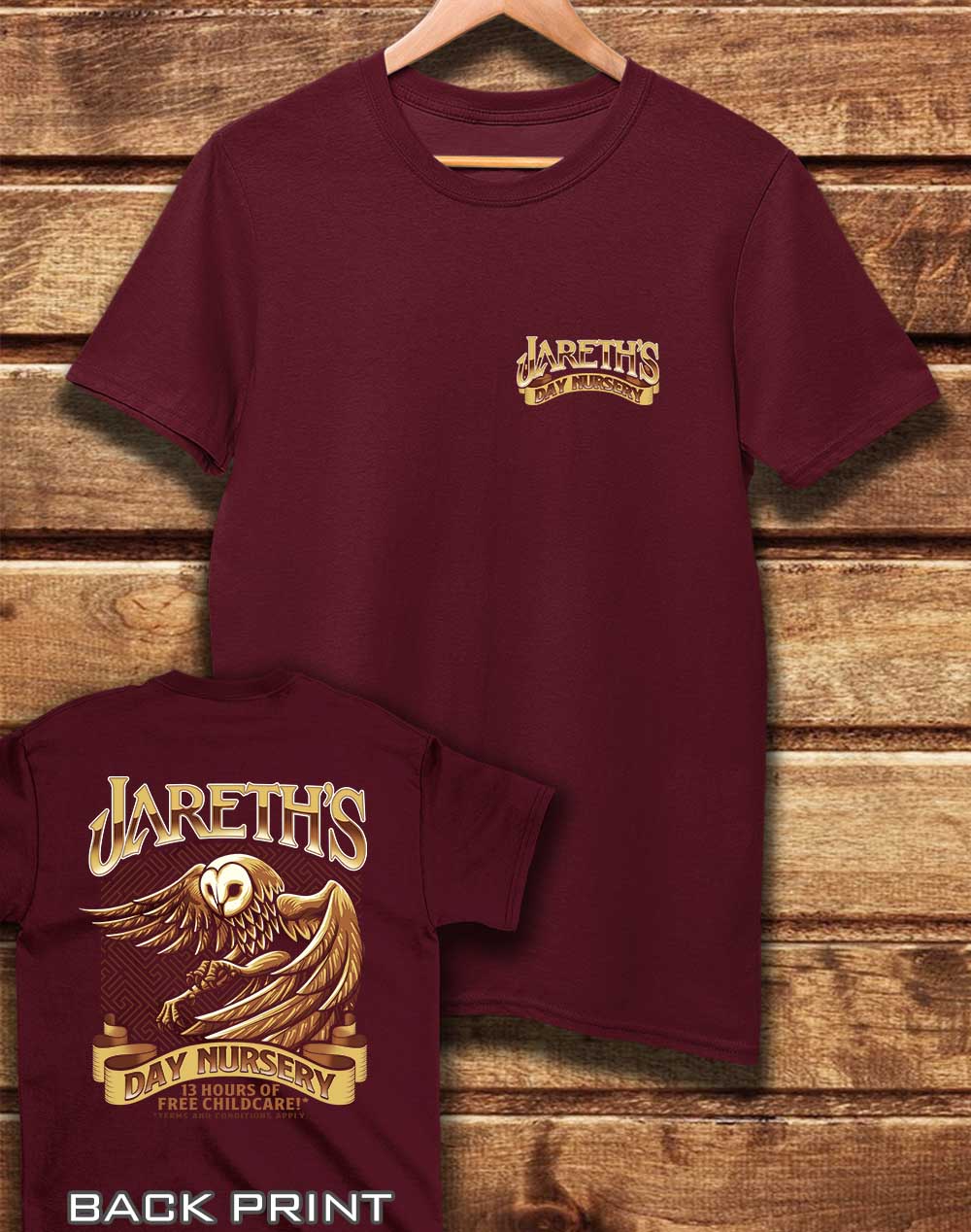 Burgundy - DELUXE Jareth's Day Nursery with Back Print Organic Cotton T-Shirt