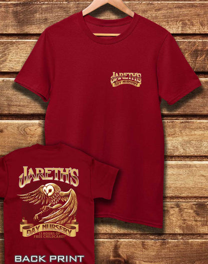 Dark Red - DELUXE Jareth's Day Nursery with Back Print Organic Cotton T-Shirt