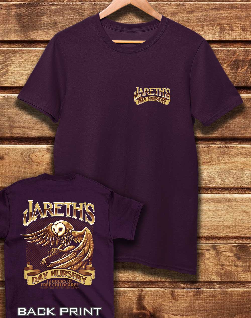 Eggplant - DELUXE Jareth's Day Nursery with Back Print Organic Cotton T-Shirt