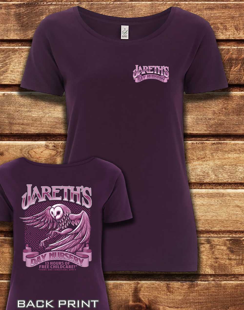 Eggplant - DELUXE Jareth's Day Nursery with Back Print Organic Scoop Neck T-Shirt
