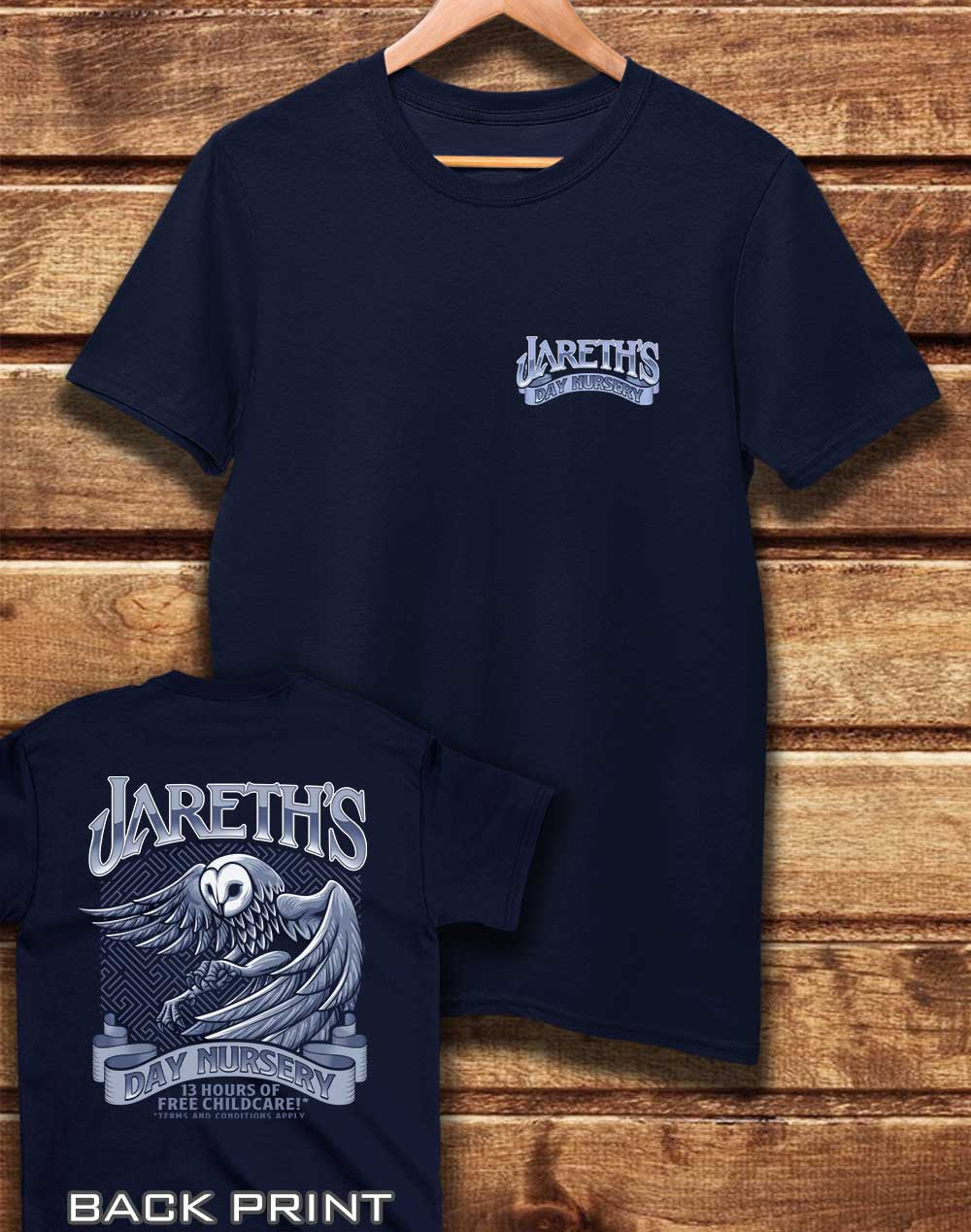 Navy - DELUXE Jareth's Day Nursery with Back Print Organic Cotton T-Shirt
