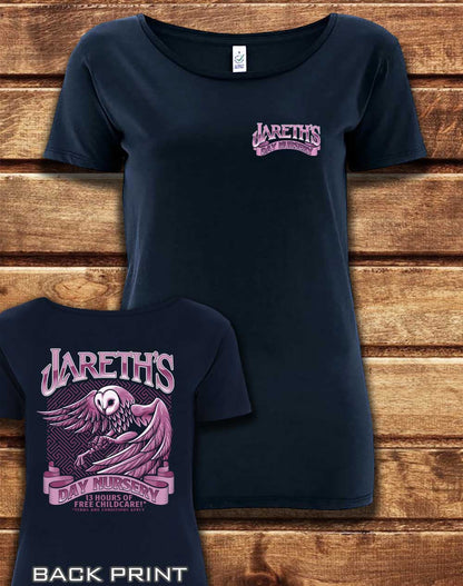 Navy - DELUXE Jareth's Day Nursery with Back Print Organic Scoop Neck T-Shirt