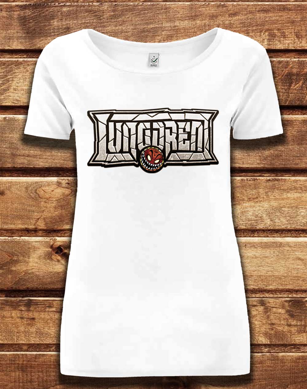 White - DELUXE LUNGDREN Smashed Logo Organic Scoop Neck T-Shirt