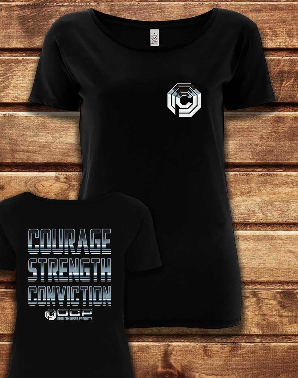 Black - DELUXE OCP Courage Strength Conviction with Back Print Organic Scoop Neck T-Shirt