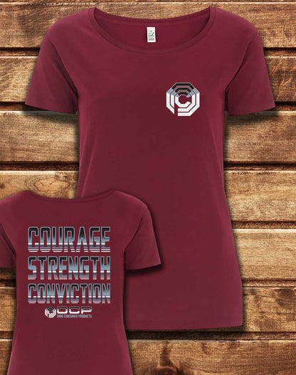 Burgundy - DELUXE OCP Courage Strength Conviction with Back Print Organic Scoop Neck T-Shirt