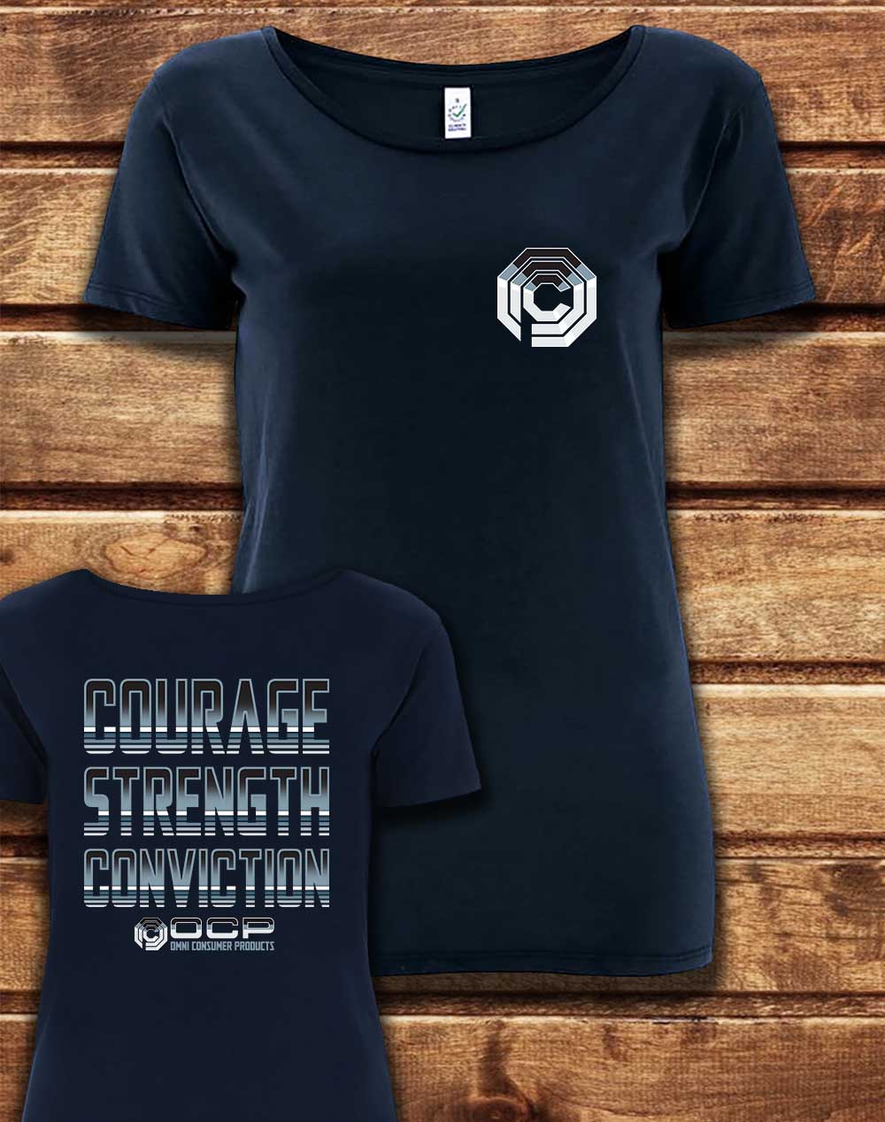 Navy - DELUXE OCP Courage Strength Conviction with Back Print Organic Scoop Neck T-Shirt