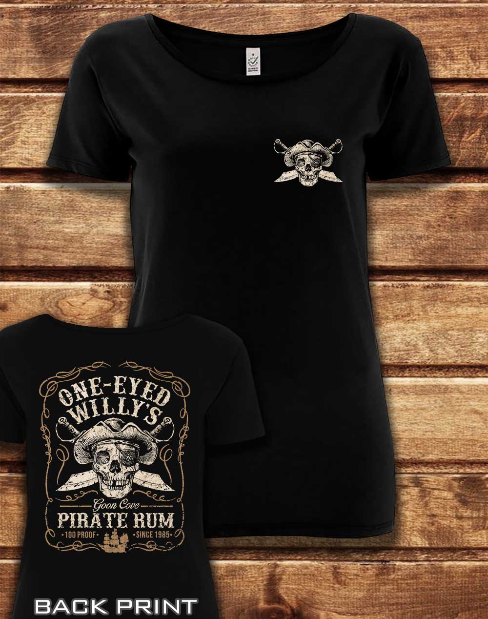 Black - DELUXE One Eyed Willy's Rum with Back Print Organic Scoop Neck T-Shirt