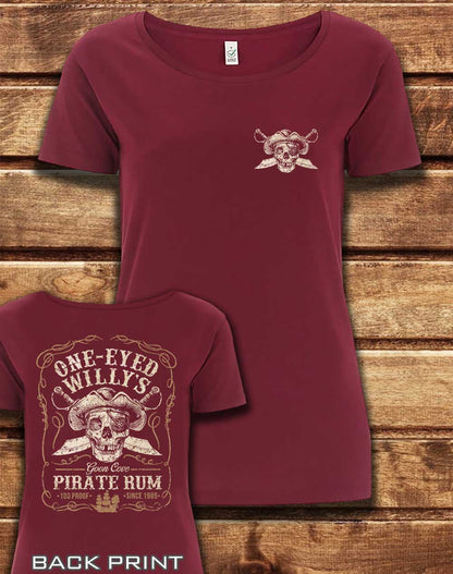 Burgundy - DELUXE One Eyed Willy's Rum with Back Print Organic Scoop Neck T-Shirt